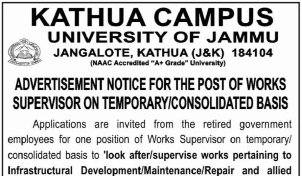 Jammu University Kathua Campus Recruitment 2024; Apply Now for Works Supervisor Post, Check Eligibility