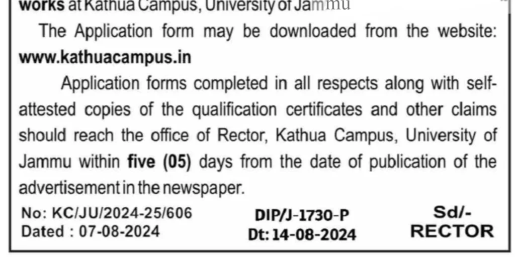 Jammu University Kathua Campus Recruitment 2024; Apply Now for Works Supervisor Post, Check Eligibility